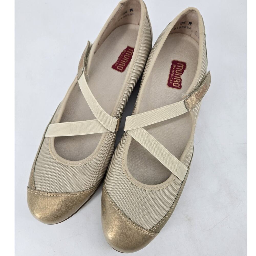 Munro American Angie Mary Jane Cream Gold Mesh Straps Comfort Shoes Sz 9.5